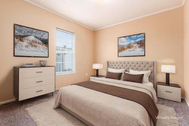 bedroom featuring carpet floors, ornamental molding, and baseboards