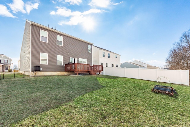 rear view of house with a fenced backyard, central AC unit, a deck, and a lawn