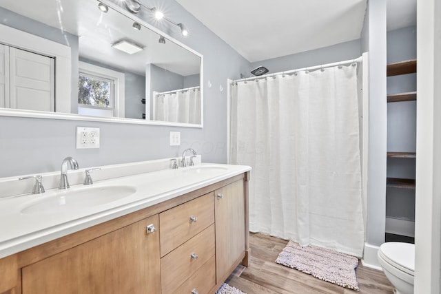 bathroom featuring toilet, double vanity, a sink, and wood finished floors