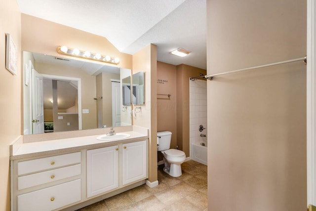 full bath featuring visible vents, toilet, vanity, shower / tub combination, and a textured ceiling