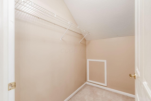 spacious closet with light carpet and lofted ceiling