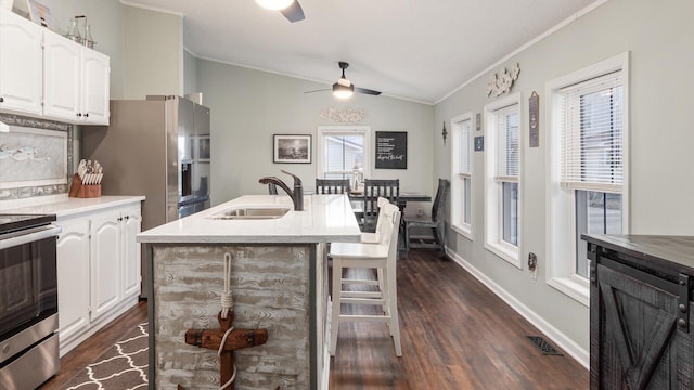 kitchen featuring lofted ceiling, white cabinetry, stainless steel appliances, and a sink