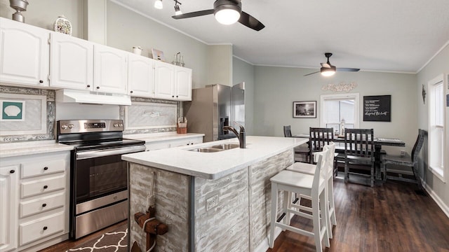 kitchen featuring white cabinets, lofted ceiling, stainless steel appliances, under cabinet range hood, and a sink