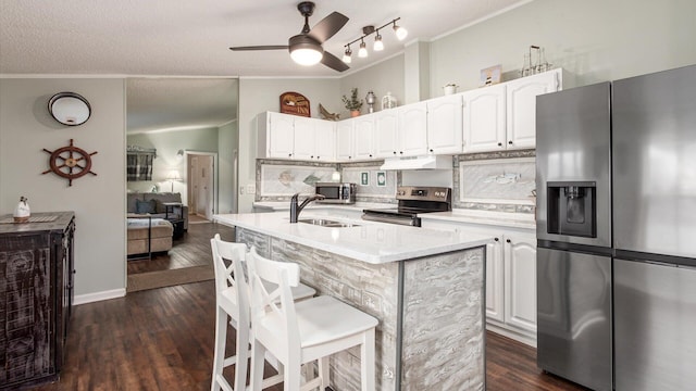 kitchen featuring dark wood finished floors, stainless steel appliances, white cabinets, a sink, and under cabinet range hood