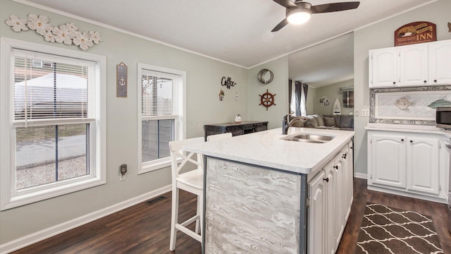 kitchen featuring an island with sink, dark wood-type flooring, white cabinets, and a sink