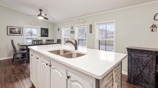 kitchen with a healthy amount of sunlight, dark wood finished floors, a sink, and lofted ceiling