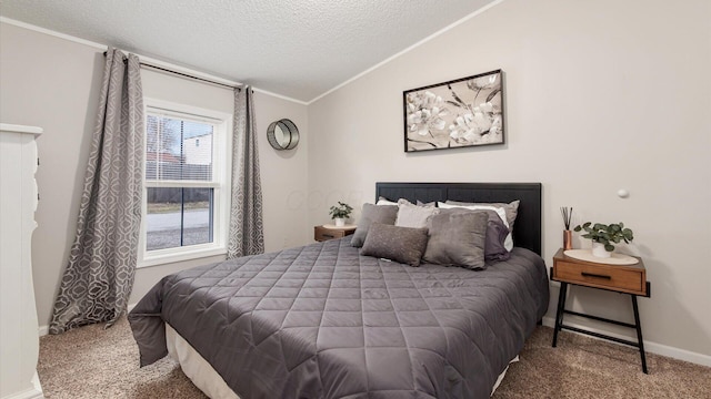 carpeted bedroom featuring lofted ceiling, baseboards, ornamental molding, and a textured ceiling