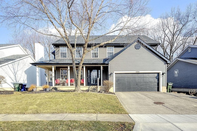 traditional-style home featuring a porch, a shingled roof, a garage, driveway, and a front lawn