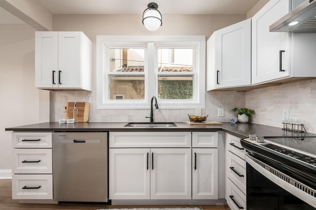 kitchen with dark countertops, decorative backsplash, appliances with stainless steel finishes, a sink, and ventilation hood