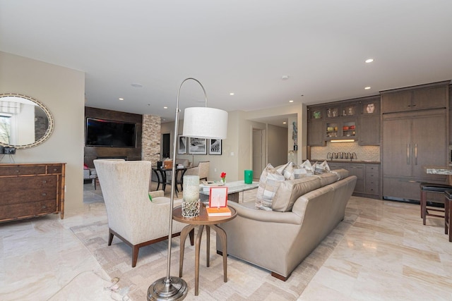 105 N Riverview St Unit 216, Dublin, OH 43017 - living room featuring light marble finish flooring and recessed lighting