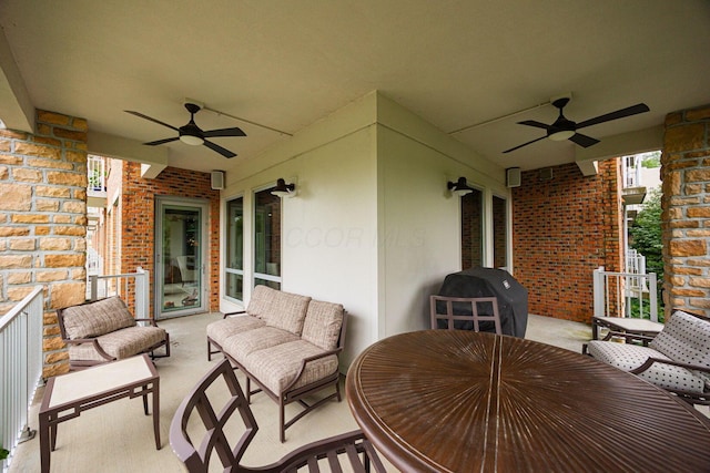 105 N Riverview St Unit 216, Dublin, OH 43017 - view of patio with a ceiling fan, an outdoor hangout area, outdoor dining area, and area for grilling