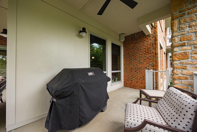 105 N Riverview St Unit 216, Dublin, OH 43017 - view of patio / terrace with a ceiling fan, a grill, and outdoor dining space