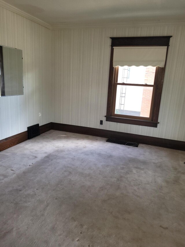 carpeted spare room with visible vents and baseboards