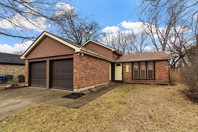 ranch-style home featuring a garage, concrete driveway, brick siding, and fence