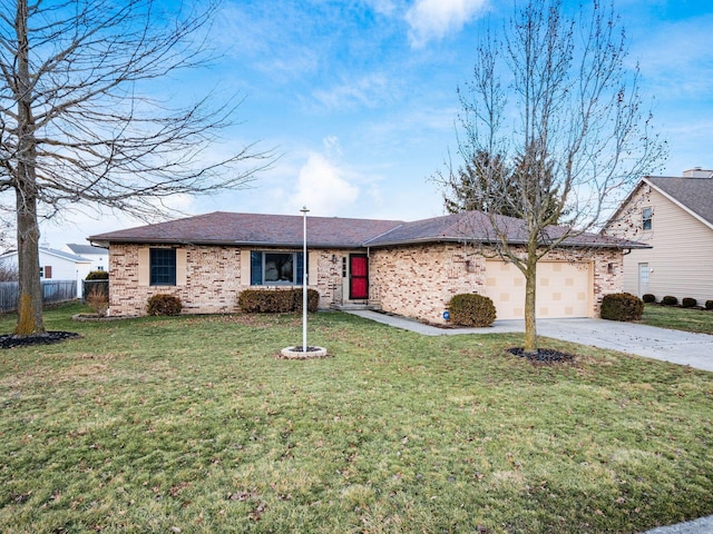 single story home featuring a garage, concrete driveway, fence, and a front lawn