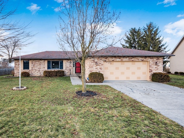 ranch-style home featuring a front lawn, brick siding, driveway, and an attached garage