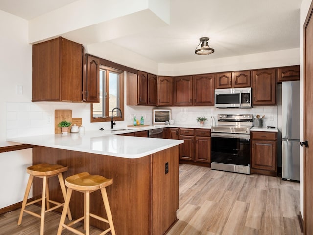 kitchen featuring decorative backsplash, appliances with stainless steel finishes, light wood-style floors, a sink, and a peninsula