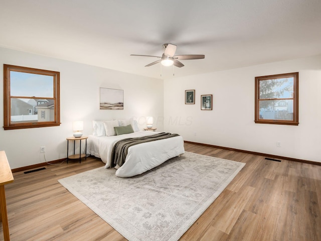 bedroom featuring light wood-style floors, visible vents, baseboards, and multiple windows