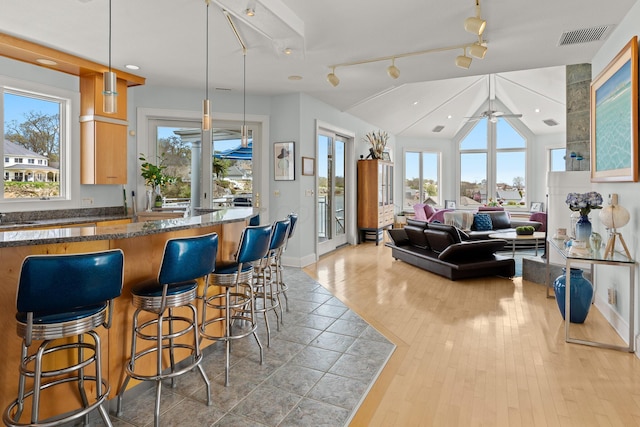 kitchen featuring light wood finished floors, visible vents, a breakfast bar area, vaulted ceiling, and a ceiling fan