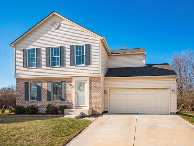 view of front facade featuring concrete driveway, an attached garage, brick siding, and a front lawn