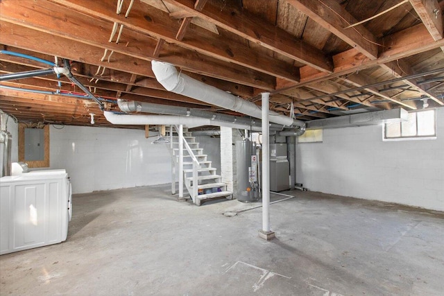 below grade area featuring electric panel, washer / clothes dryer, heating unit, stairs, and gas water heater