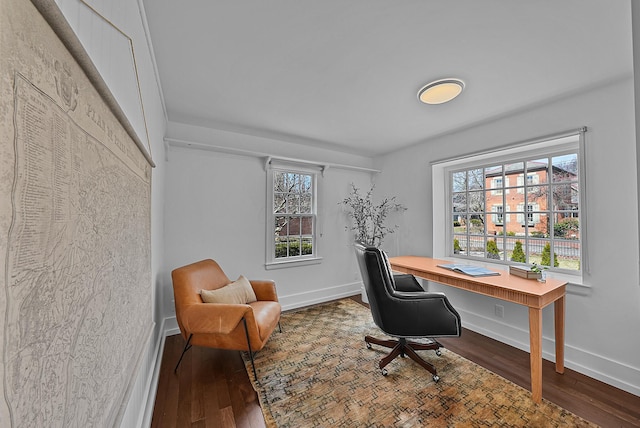 home office featuring plenty of natural light, wood finished floors, and baseboards