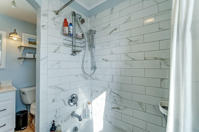 bathroom featuring toilet, shower / bath combination with curtain, and vanity