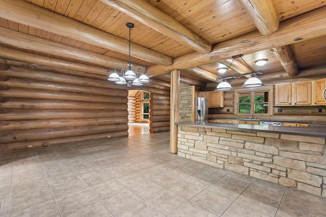 kitchen featuring wooden ceiling, appliances with stainless steel finishes, dark countertops, and log walls