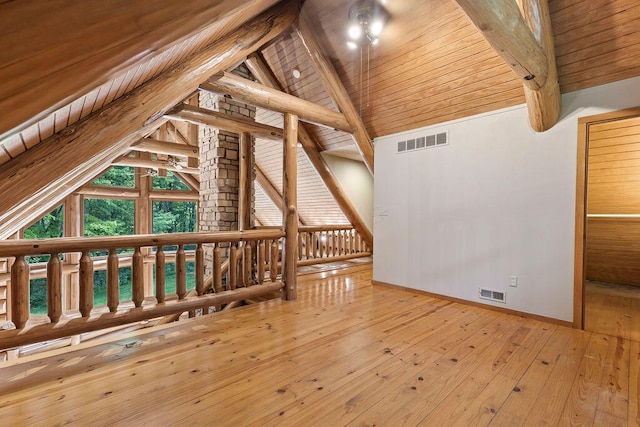 interior space with wooden ceiling, wood-type flooring, visible vents, and beamed ceiling