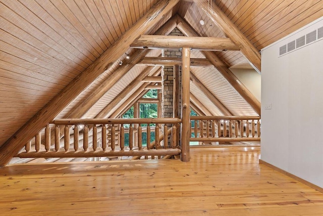 bonus room with vaulted ceiling with beams, visible vents, hardwood / wood-style floors, wooden ceiling, and baseboards