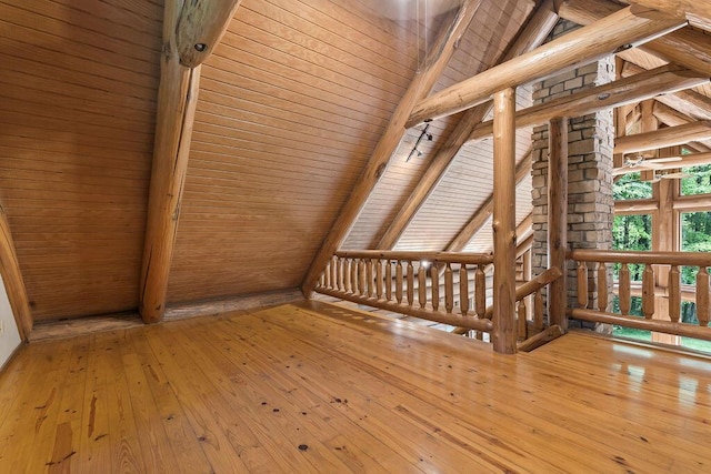 interior space with lofted ceiling with beams, wooden ceiling, and hardwood / wood-style flooring