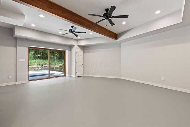 unfurnished living room featuring beam ceiling, recessed lighting, ceiling fan, concrete floors, and baseboards