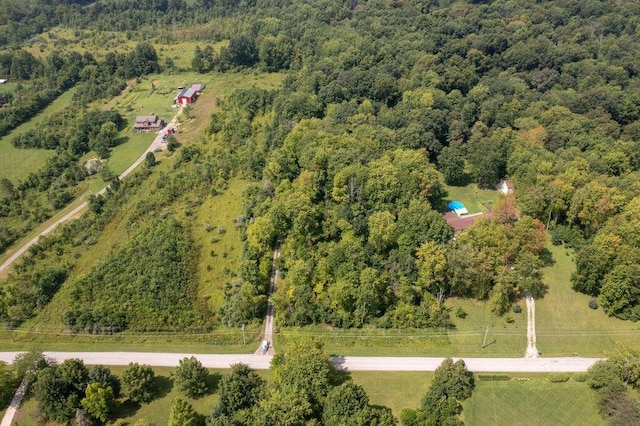 birds eye view of property featuring a forest view