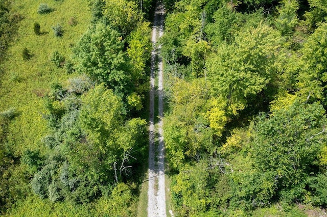 birds eye view of property with a wooded view