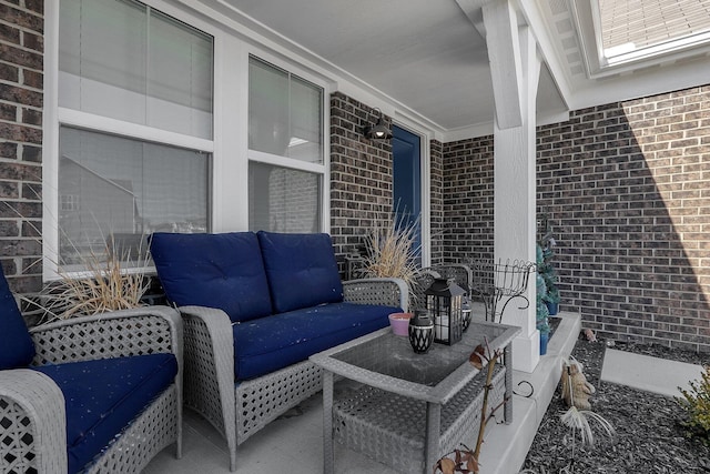 view of patio with an outdoor hangout area and a porch