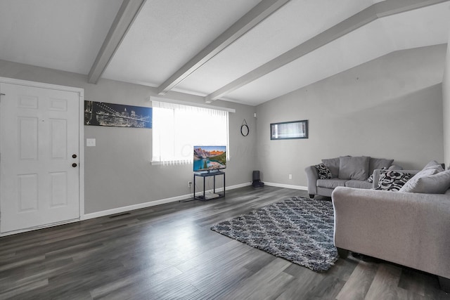 living room with vaulted ceiling with beams, dark wood-style floors, and baseboards