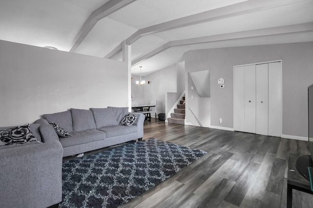 living area featuring lofted ceiling with beams, an inviting chandelier, wood finished floors, baseboards, and stairs
