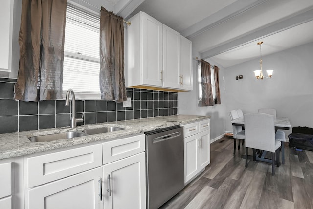 kitchen featuring wood finished floors, a sink, white cabinetry, backsplash, and dishwasher