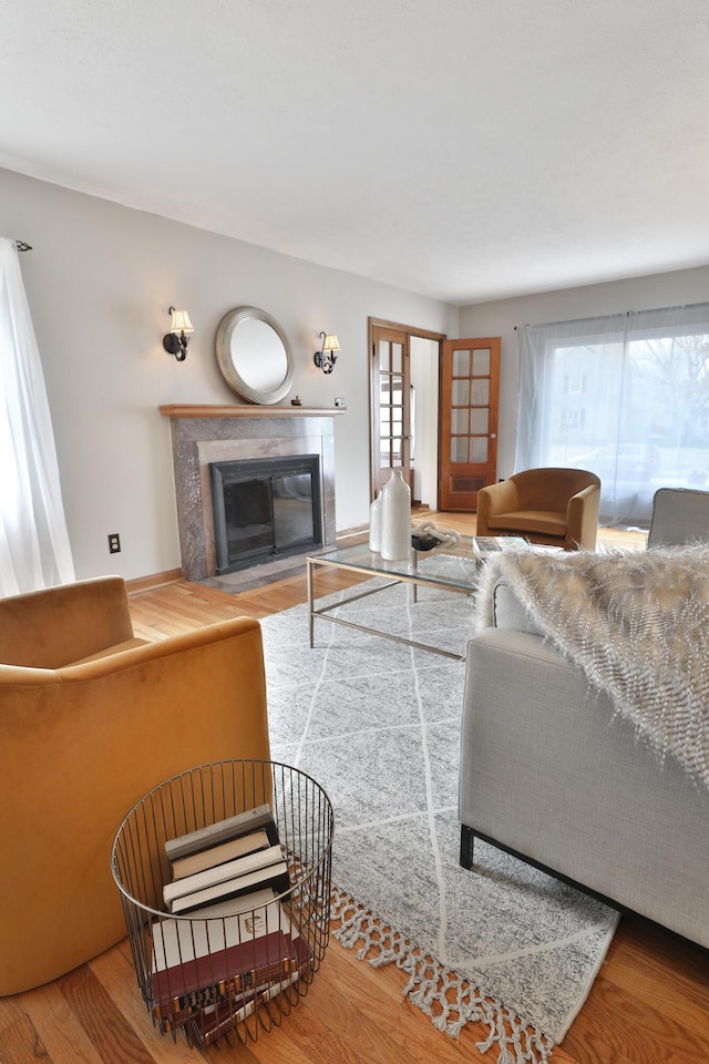 living area with wood finished floors and a fireplace with flush hearth