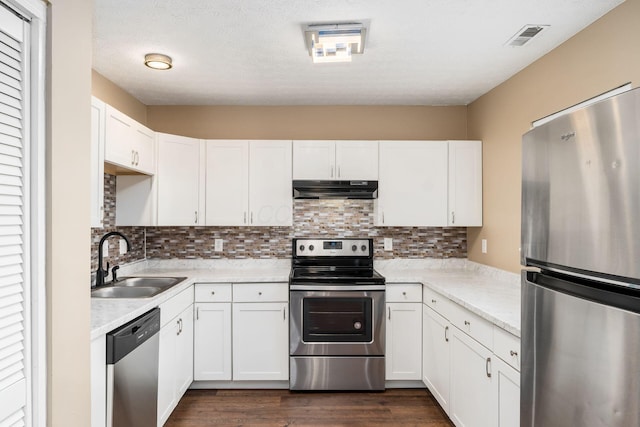 kitchen featuring stainless steel appliances, a sink, exhaust hood, visible vents, and light countertops