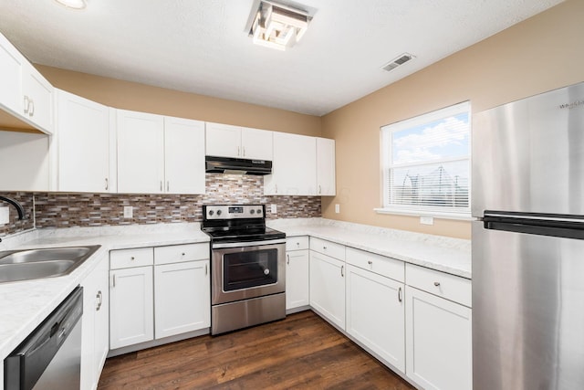 kitchen featuring a sink, white cabinetry, light countertops, appliances with stainless steel finishes, and ventilation hood