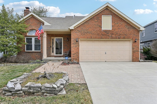 view of front facade featuring a garage, brick siding, driveway, roof with shingles, and a chimney