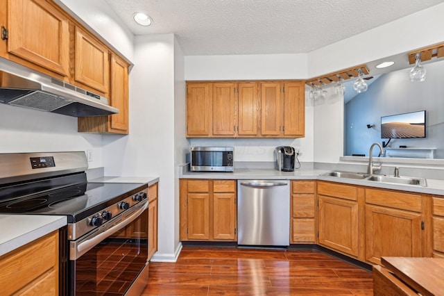 kitchen with under cabinet range hood, dark wood-style flooring, a sink, light countertops, and appliances with stainless steel finishes