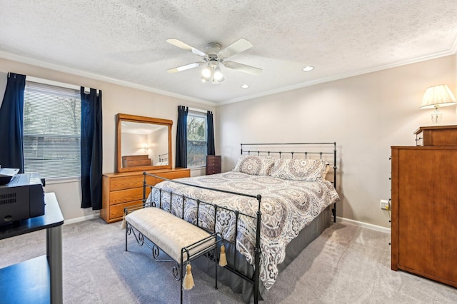 bedroom with light carpet, multiple windows, and crown molding