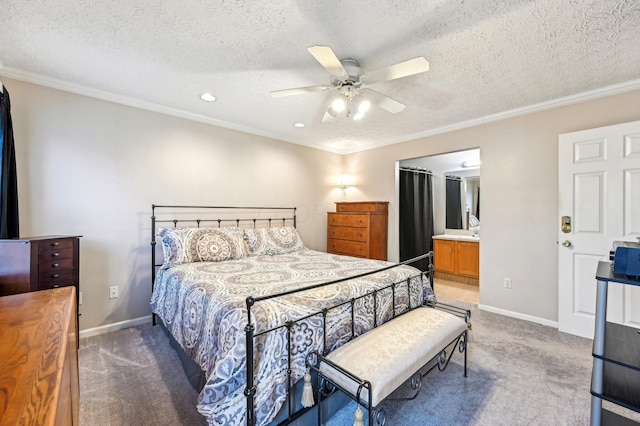 bedroom with carpet floors, ornamental molding, and baseboards