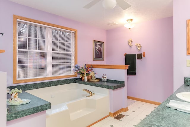 full bathroom featuring visible vents, a ceiling fan, vanity, baseboards, and a bath