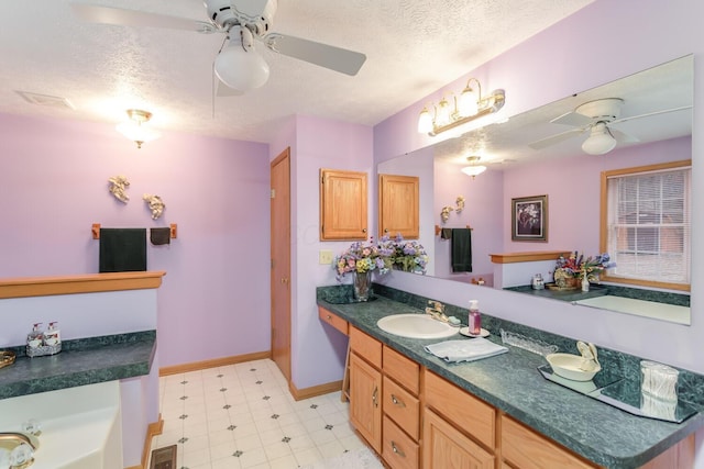 bathroom featuring visible vents, ceiling fan, a textured ceiling, vanity, and tile patterned floors