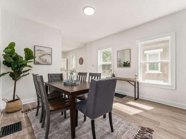 dining room with light wood finished floors, visible vents, and baseboards