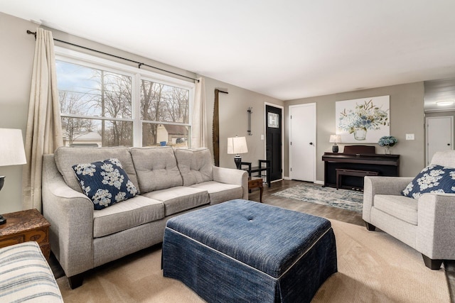 living area featuring a fireplace, baseboards, and wood finished floors