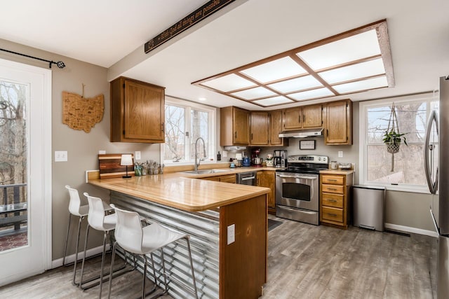 kitchen with a peninsula, a sink, stainless steel appliances, light countertops, and under cabinet range hood